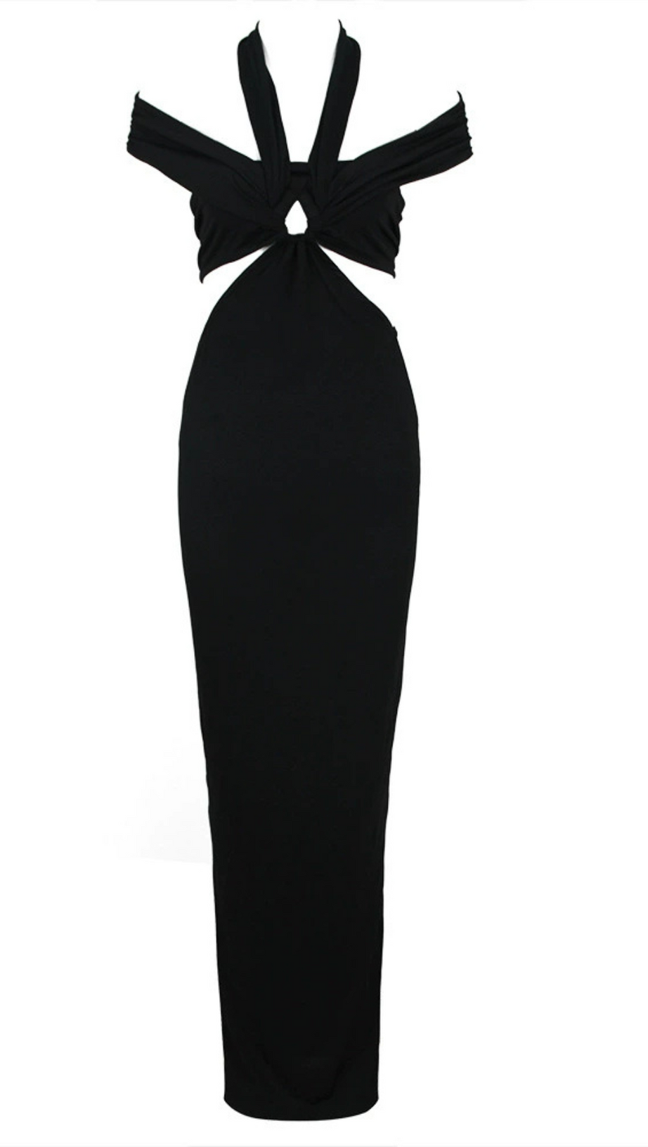 BLACK CUTOUT HALTER BANDAGE MAXI DRESS