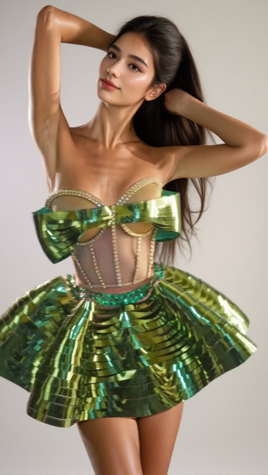 CRYSTAL METALLIC SKIRT SET IN GREEN
