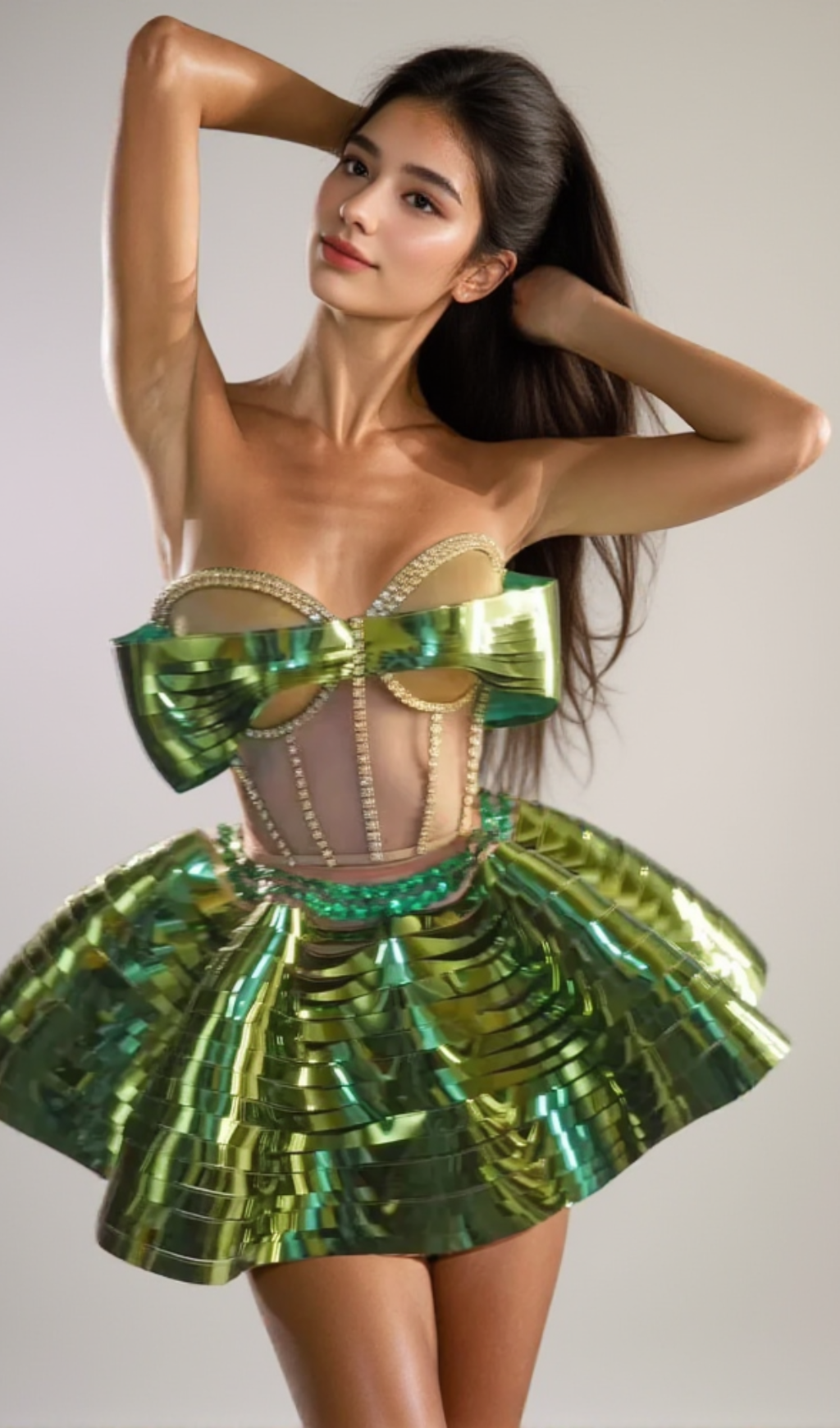 CRYSTAL METALLIC SKIRT SET IN GREEN