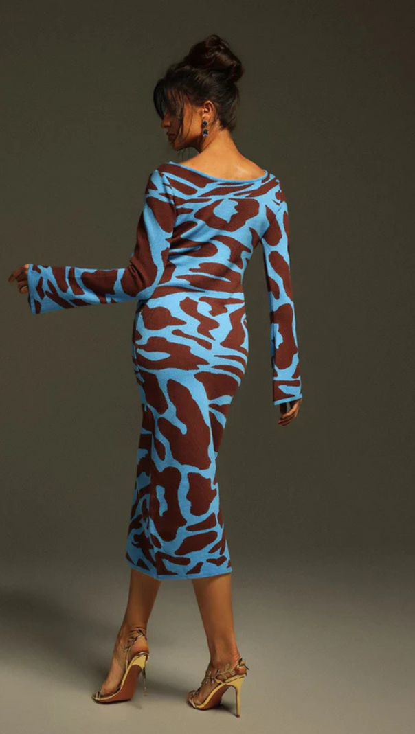 AIIZIE TAYSIA LONG SLEEVE LEOPARD KNITTED MIDI DRESS - product image