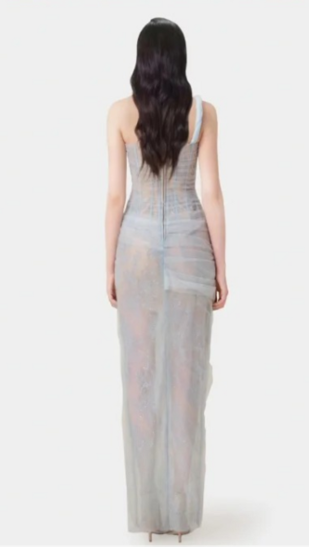 AIIZIE ONE SHOULDER MESH RUCHED MIDI DRESS IN BLUE - product image