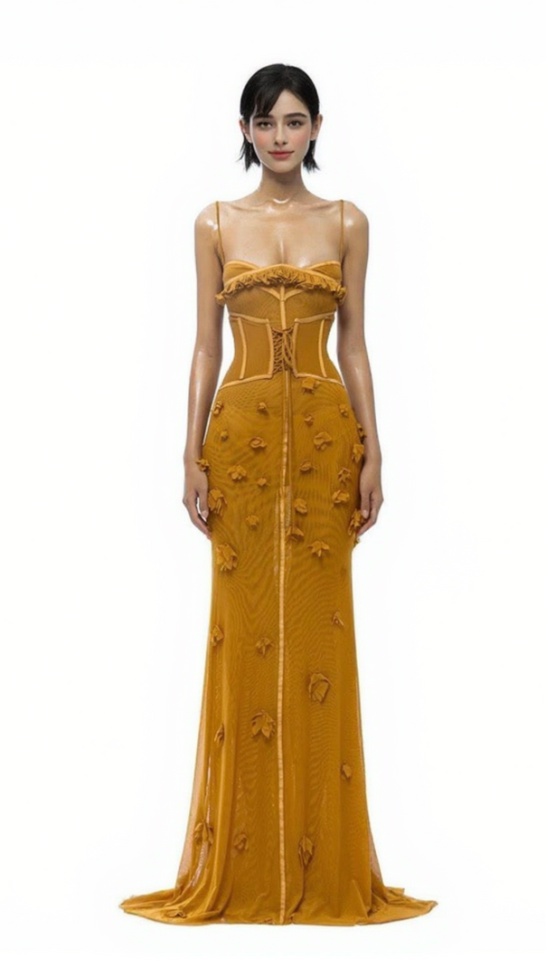 AIIZIE Carys Strappy Petal Maxi Dress in Yellow - product image
