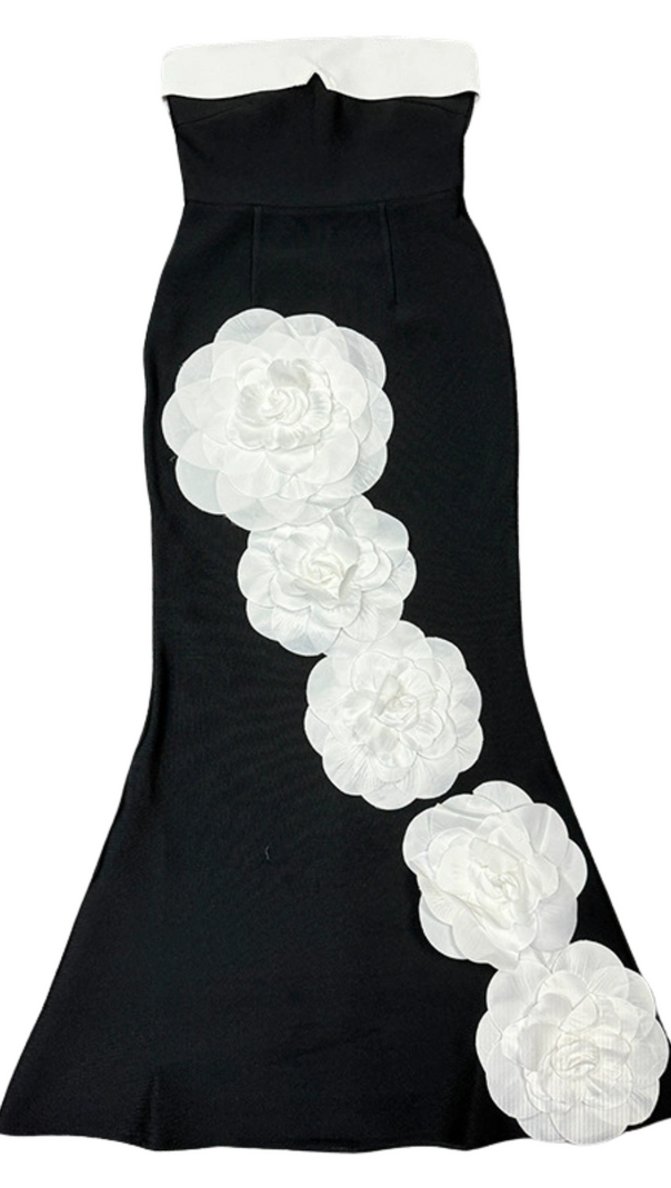 AIIZIE WHITE FLOWER OFF SHOULDER MAXI DRESS IN BLACK - product image