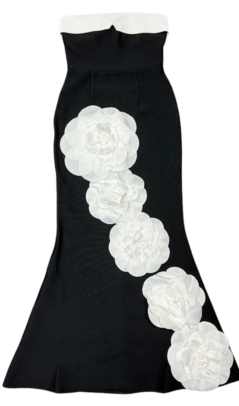 WHITE FLOWER OFF SHOULDER MAXI DRESS IN BLACK