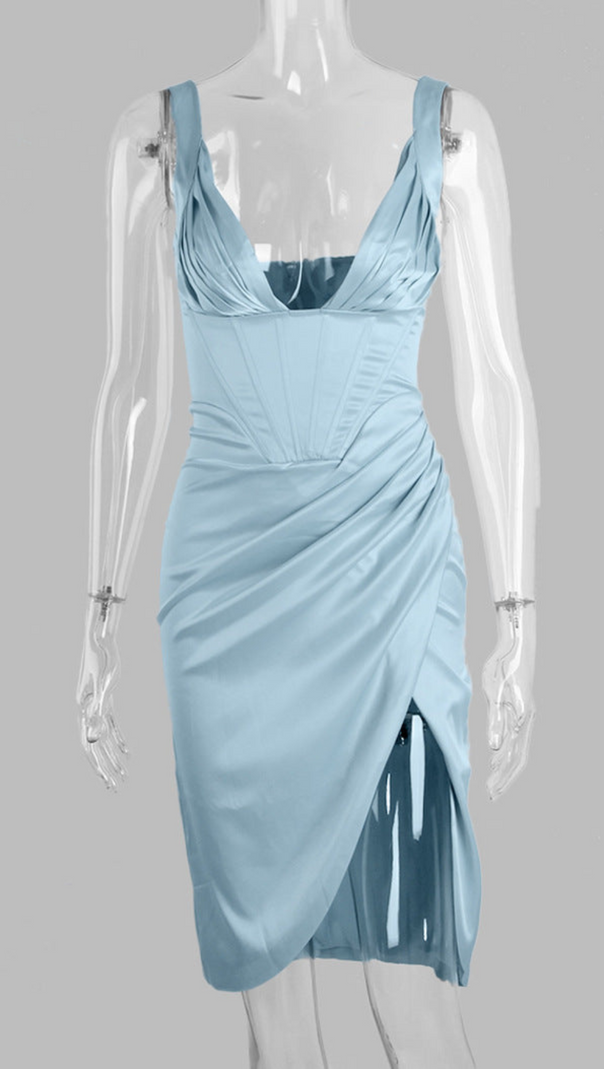 ABITO MIDI CON CORSETTO IN RASO BLU