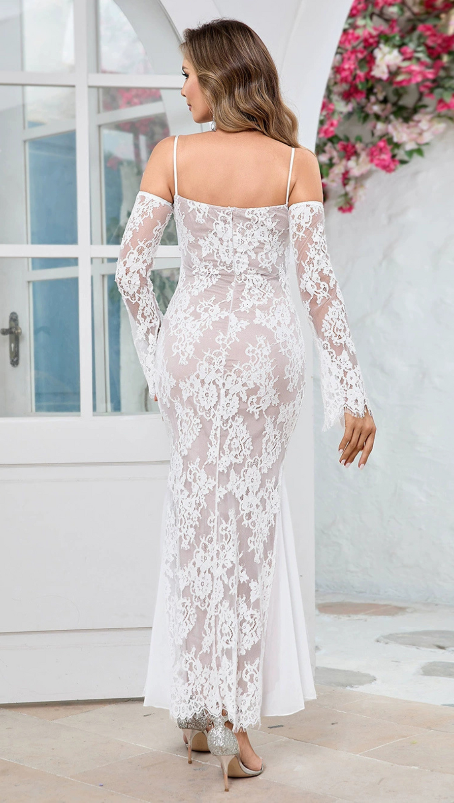 LONG SLEEVE DRAPED LACE MAXI DRESS IN WHITE