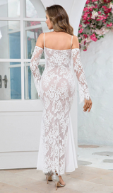 LONG SLEEVE DRAPED LACE MAXI DRESS IN WHITE