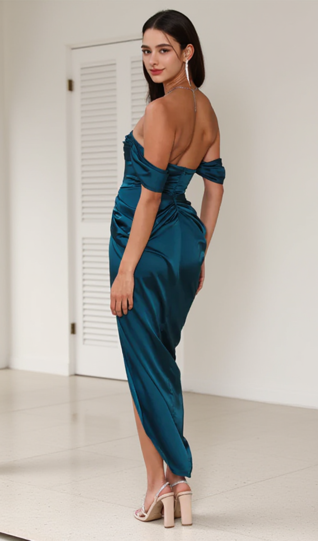 STRAPLESS SATIN MIDI DRESS IN TEAL