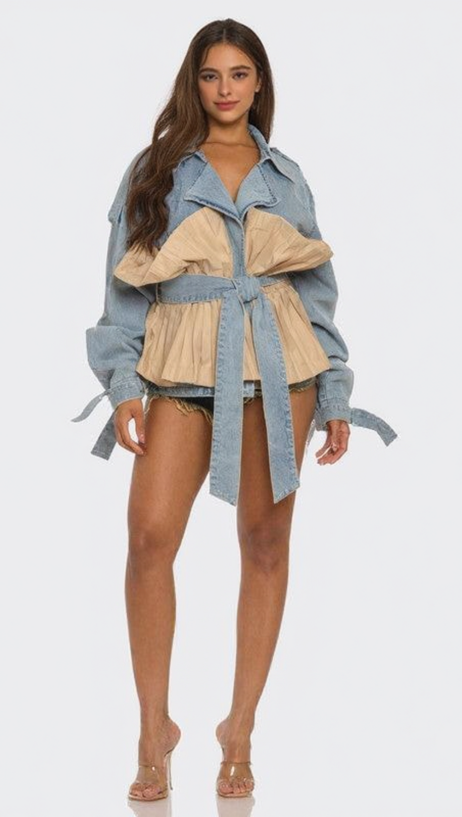 Denim-Tunikamantel mit Patchwork-Rüschen