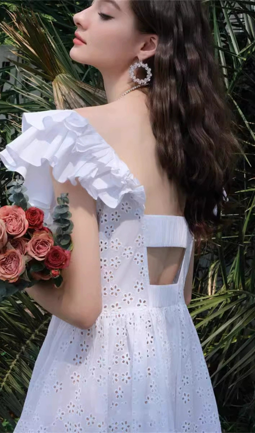 SQUARE COLLAR LACE MESH MAXI DRESS IN WHITE