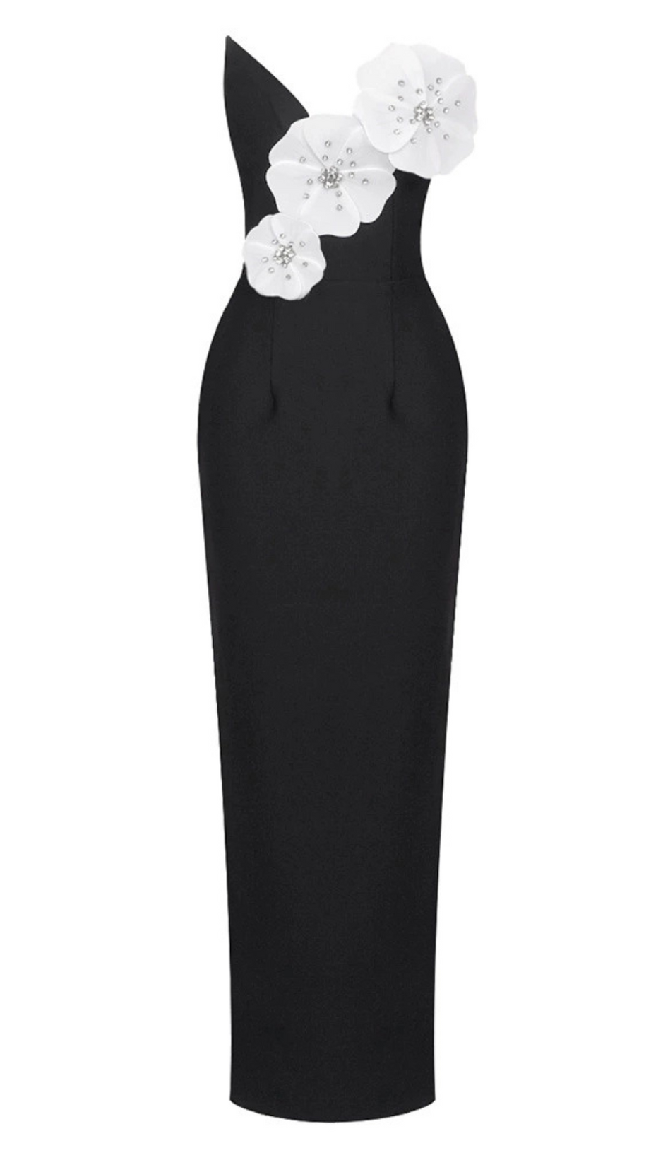 WHITE FLOWER EMBELLISHED MAXI DRESS IN BLACK