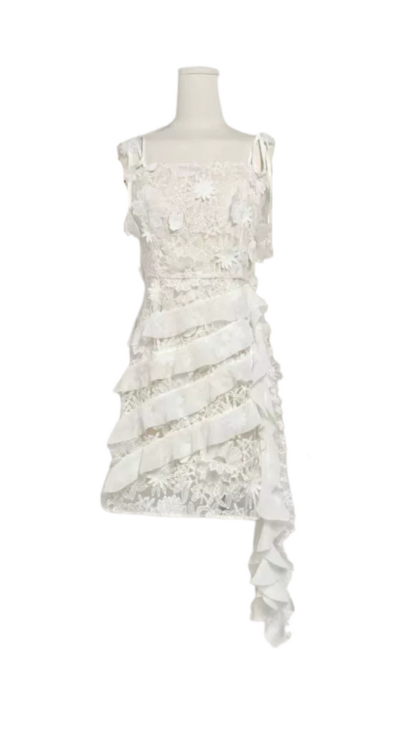 AIIZIE 3D FLORAL-EMBELLISHED LACE STRAPPY MINI DRESS IN WHITE - product image