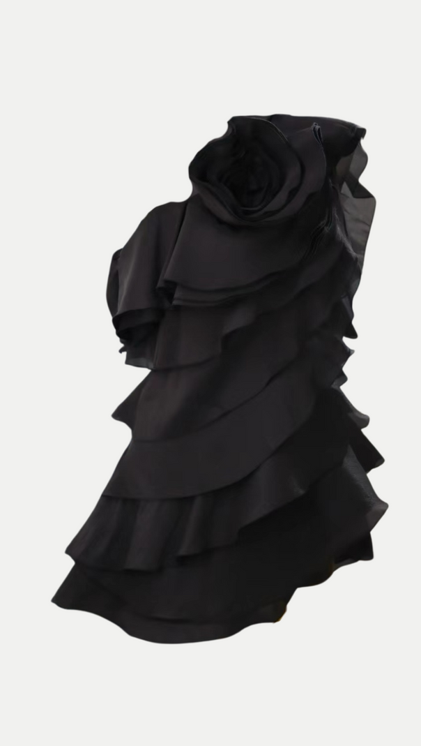 AIIZIE SHELYN FLOWER ONE SHOULDER RUFFLE MINI DRESS IN BLACK - product image