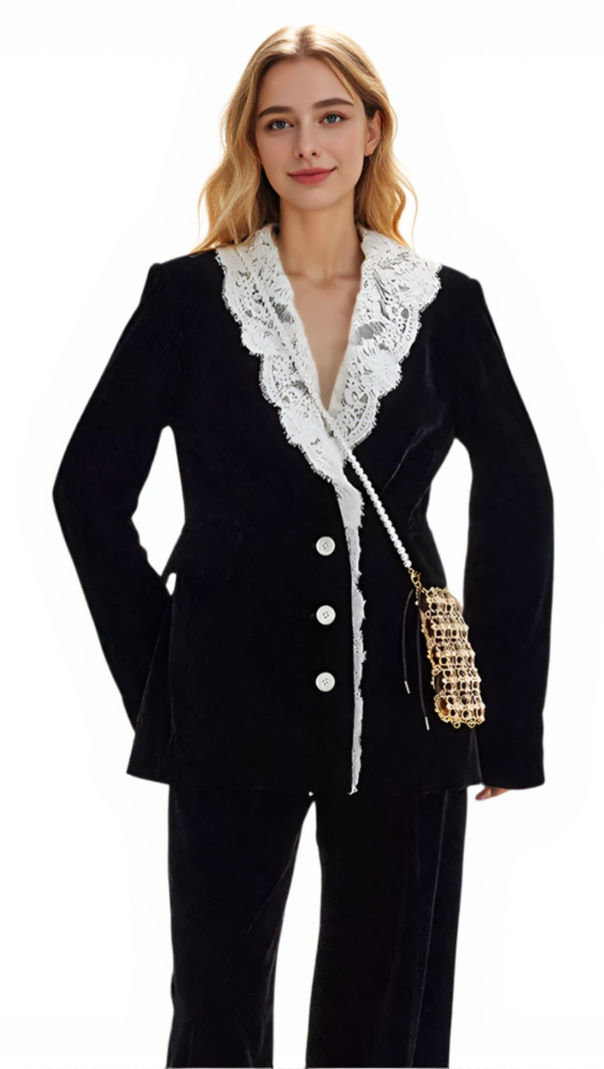 AIIZIE LACE-NECK VELVET BLAZER IN BLACK - product image