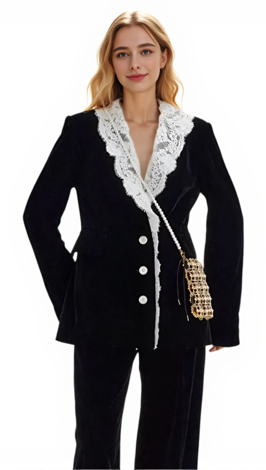 LACE-NECK VELVET BLAZER IN BLACK