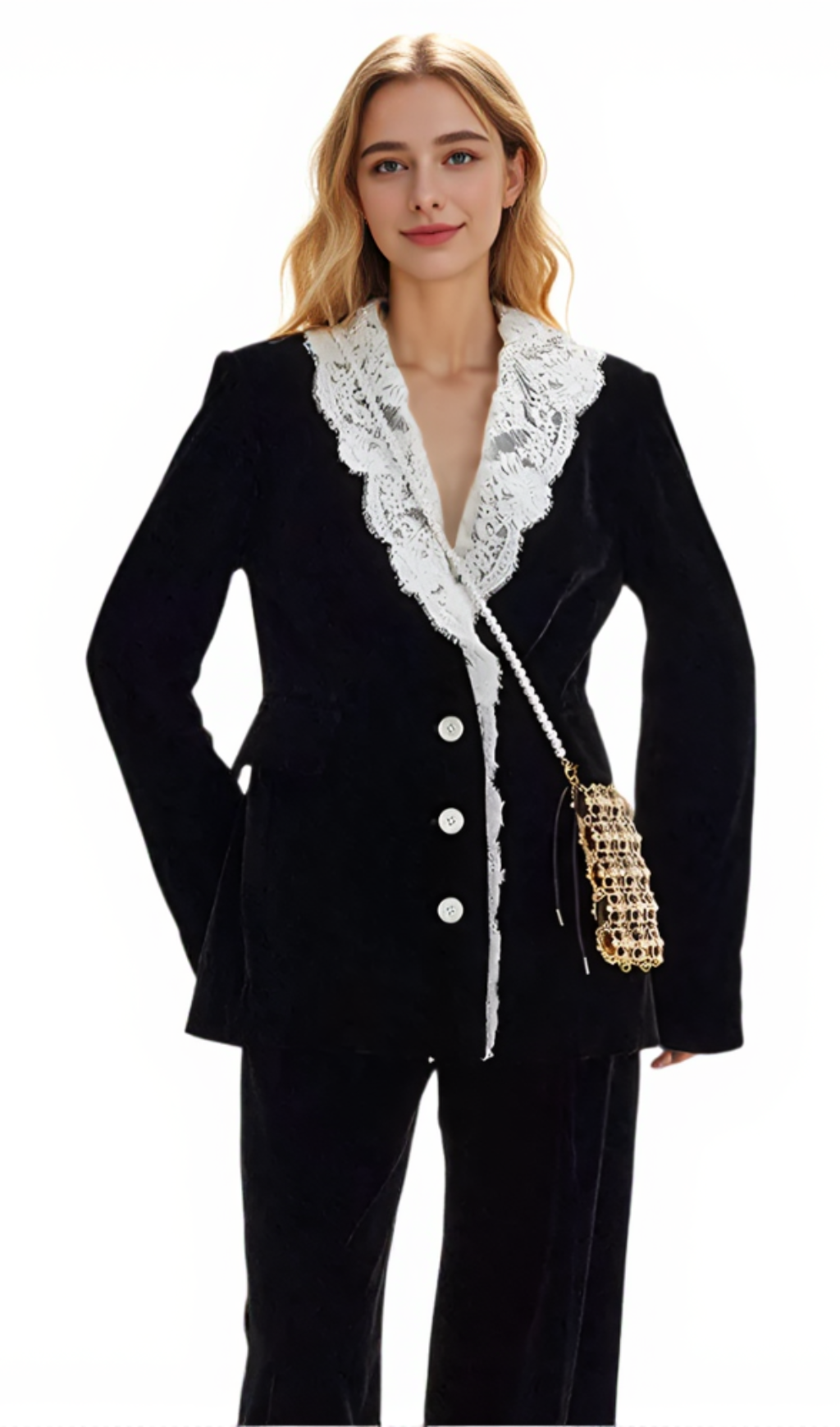 LACE-NECK VELVET BLAZER IN BLACK