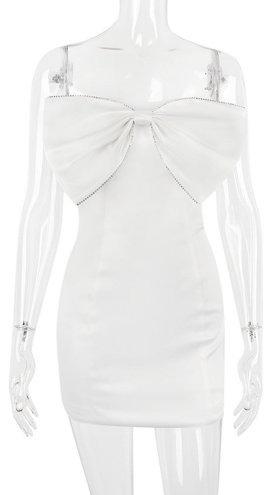 SATIN CRYSTAL EMBELLISHED BOW DRESS IN WHITE