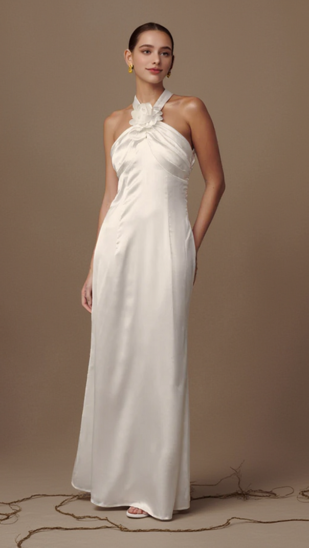 AIIZIE DYLAN ROSE HALTER MAXI DRESS IN WHITE - product image