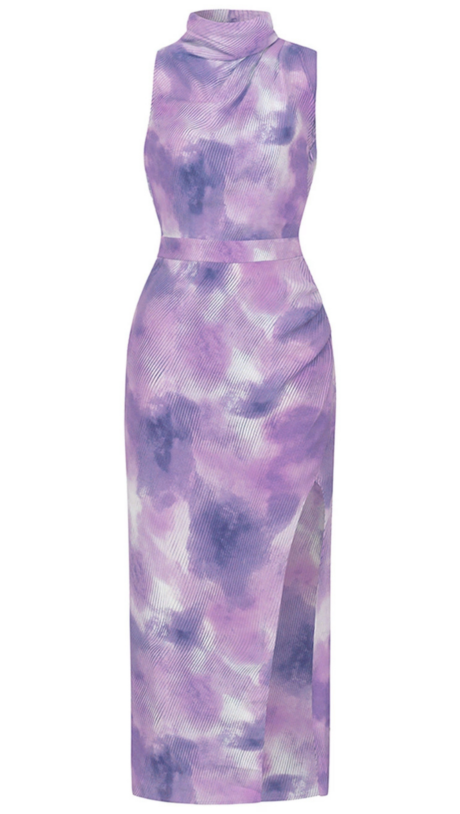 TIE DYE SPLIT THIGH BACKLESS DRESS IN PURPLE