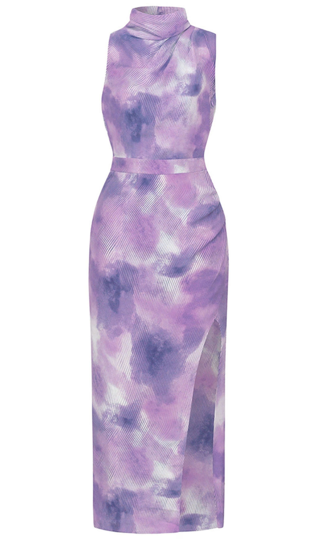 TIE DYE SPLIT THIGH BACKLESS DRESS IN PURPLE