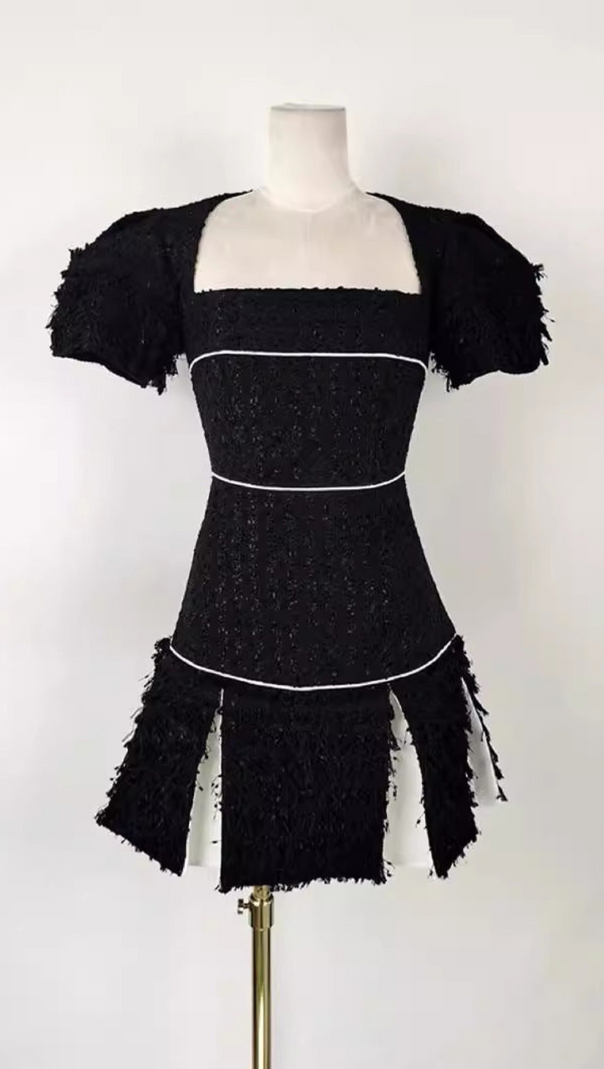 AIIZIE TESS TWEED SQUARE COLLAR BLACK MINI DRESS - product image