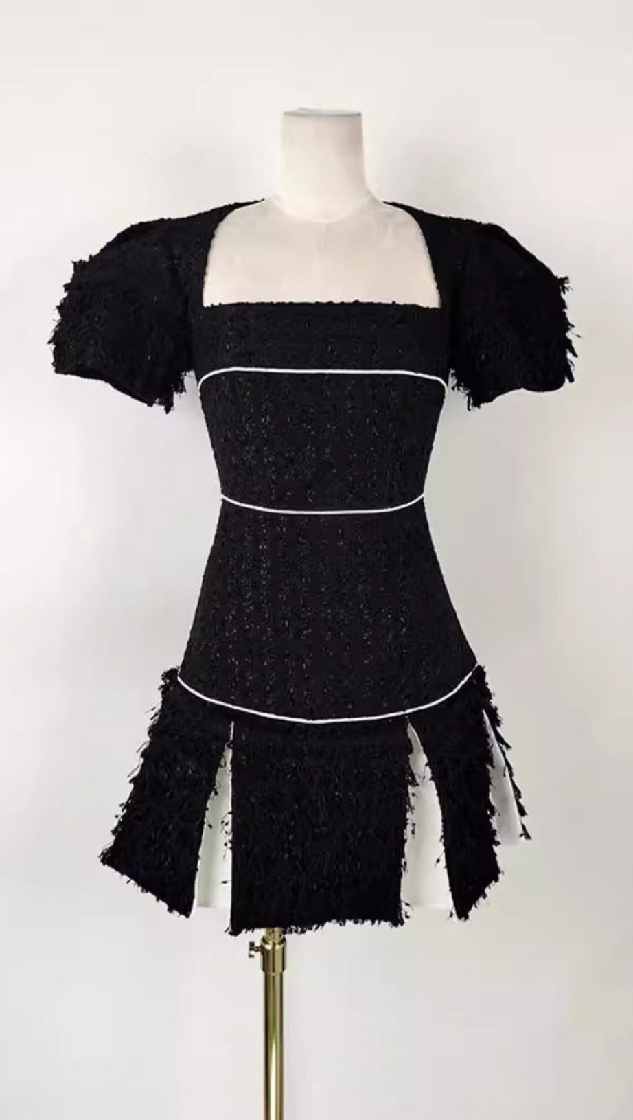 TESS TWEED SQUARE COLLAR BLACK MINI DRESS