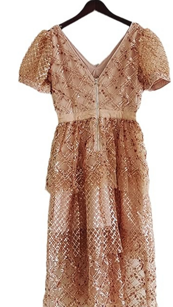 AIIZIE V NECK SEQUIN TIERED MIDI DRESS - product image