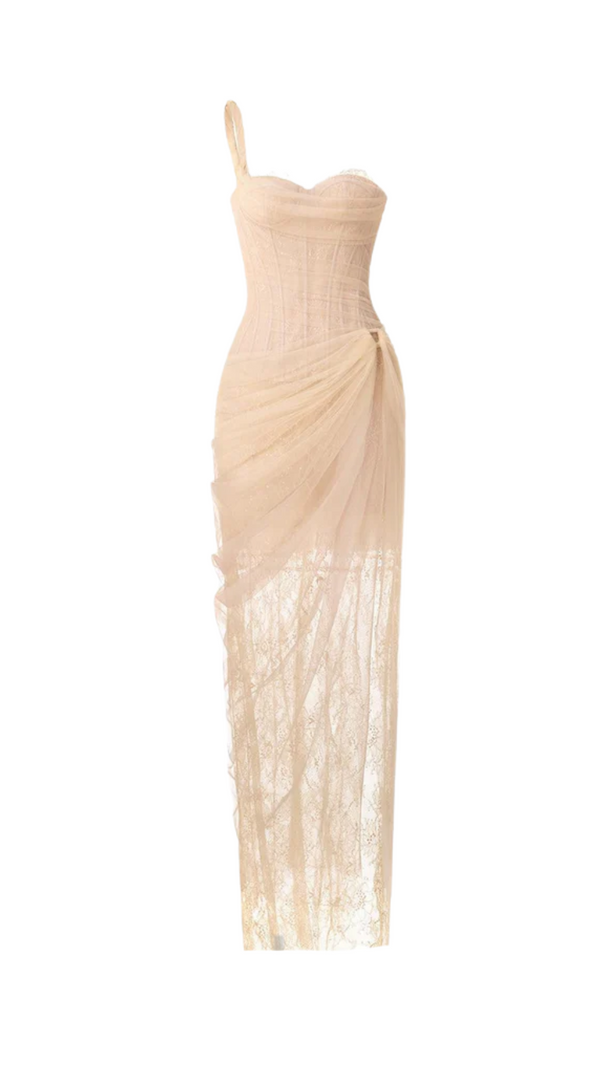 AIIZIE ONE SHOULDER MESH RUCHED MIDI DRESS IN PALE YELLOW - product image