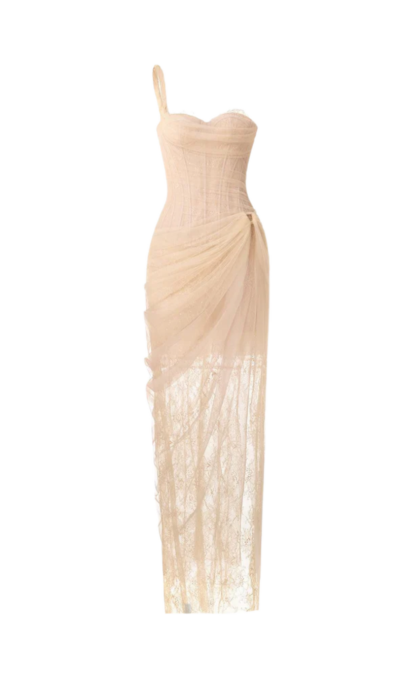 ONE SHOULDER MESH RUCHED MIDI DRESS IN PALE YELLOW