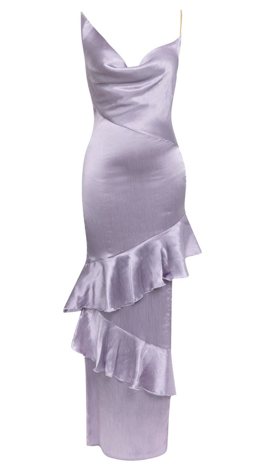 LILAC RUFFLE TRIM ASYMMETRICAL HEM SATIN MIDI DRESS