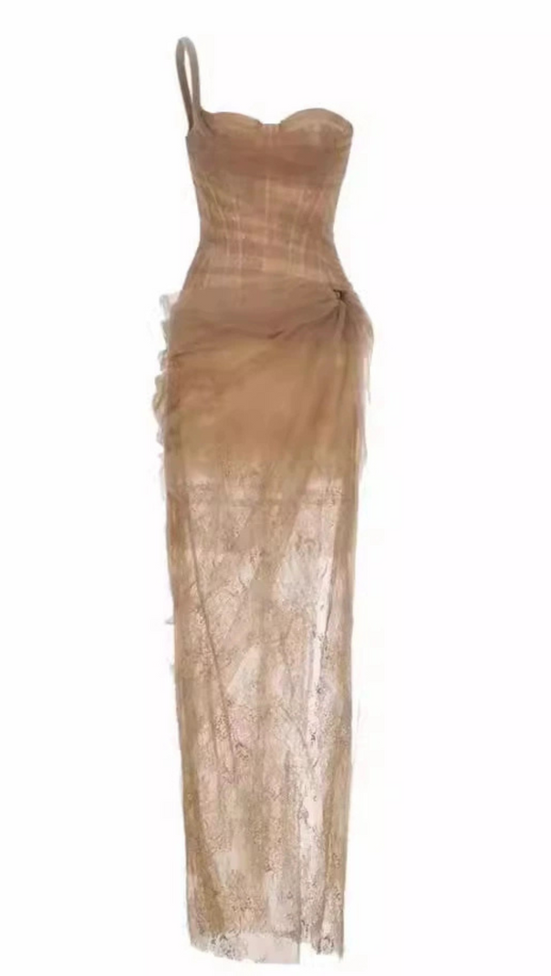 AIIZIE ONE SHOULDER MESH RUCHED MIDI DRESS - product image
