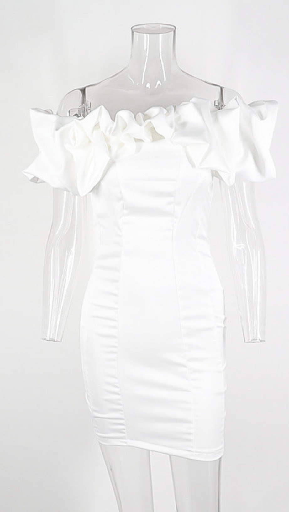 SATIN RUFFLE STRAPLESS DRESS IN WHITE