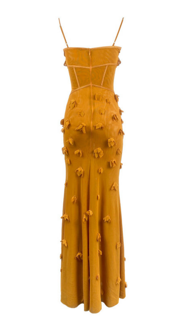 ABITO LUNGO CARYS CON SPALLINE E PETALI GIALLO