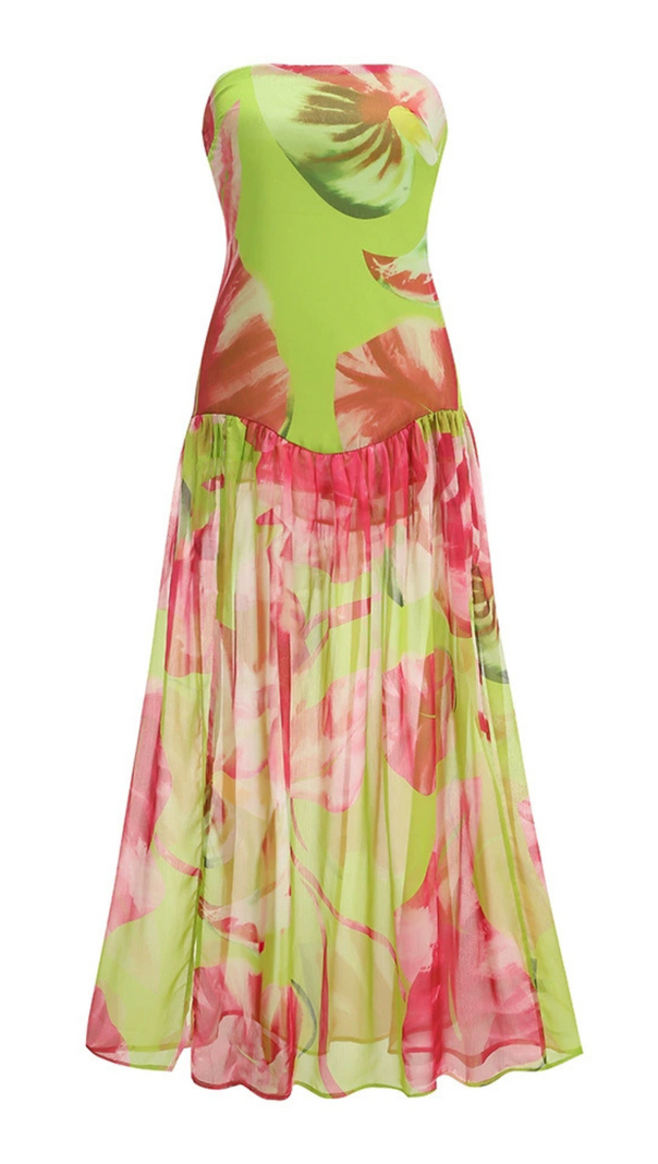 AIIZIE STRAPLESS SILK MAXI DRESS IN LIME ANTHURIUM - product image