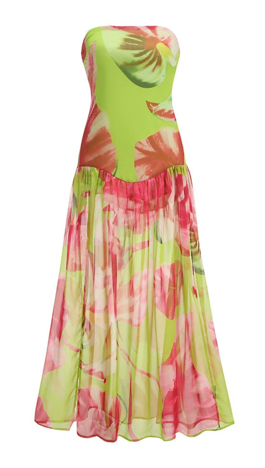 STRAPLESS SILK MAXI DRESS IN LIME ANTHURIUM