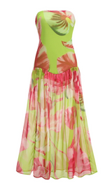 STRAPLESS SILK MAXI DRESS IN LIME ANTHURIUM