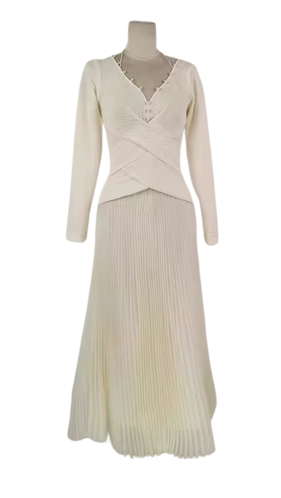 V NECK PLEATED MAXI DRESS IN IVORY