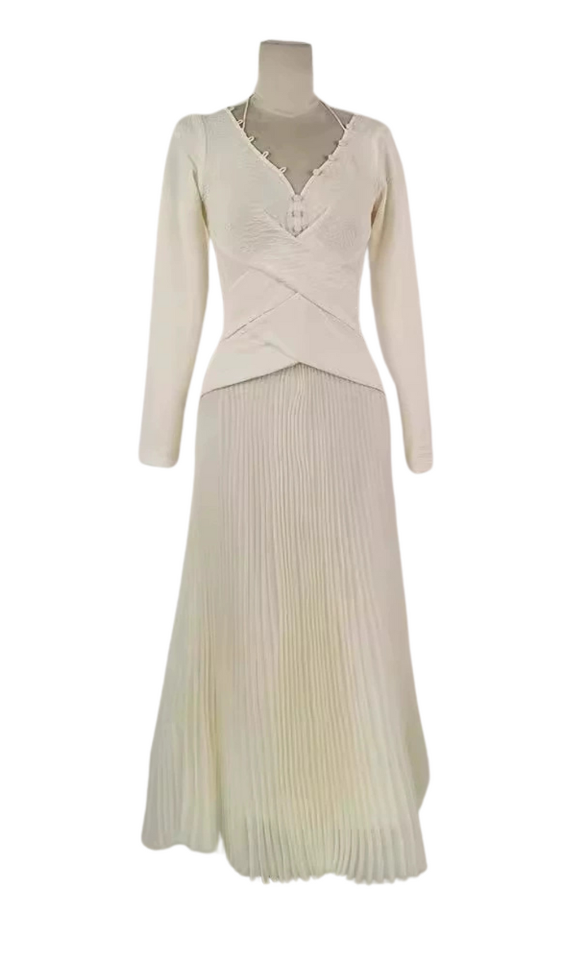 V NECK PLEATED MAXI DRESS IN IVORY