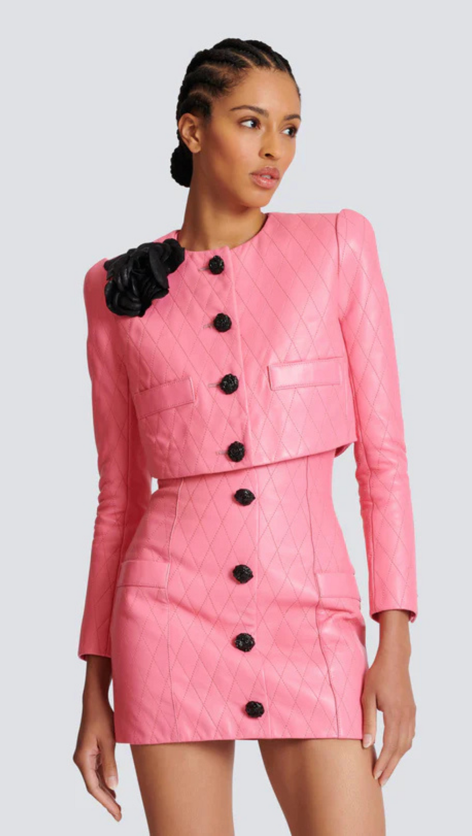 PINK QUILTED CROPPED LEATHER JACKET