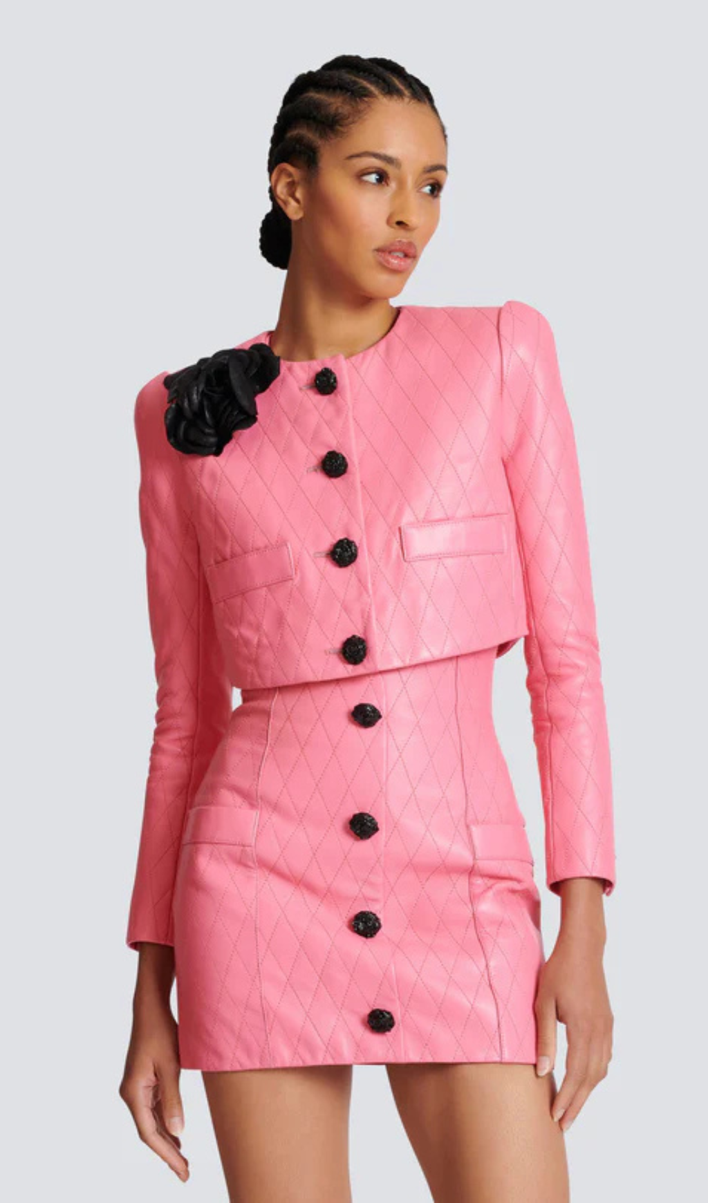 PINK QUILTED CROPPED LEATHER JACKET