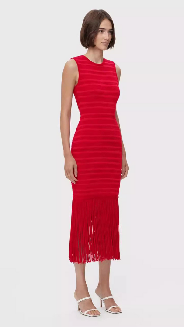 AIIZIE RED TEXTURED CHENILLE FRINGE MIDI DRESS - product image