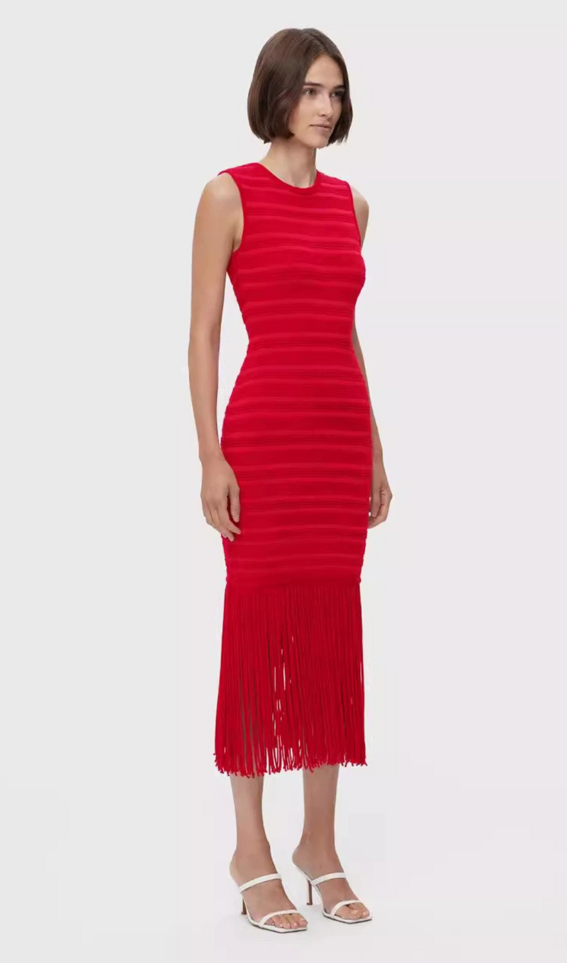 RED TEXTURED CHENILLE FRINGE MIDI DRESS