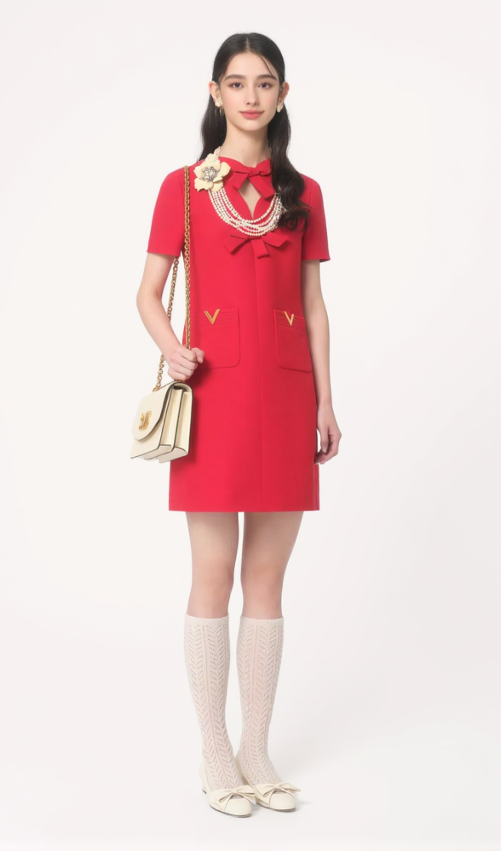 CREPE COUTURE BOW MINI DRESS IN RED