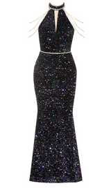 CRYSTAL-EMBELLISHED HALTER BODYCON MAXI DRESS