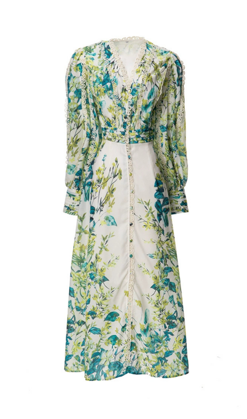 GREEN FLORAL PRINTED MAXI DRESS