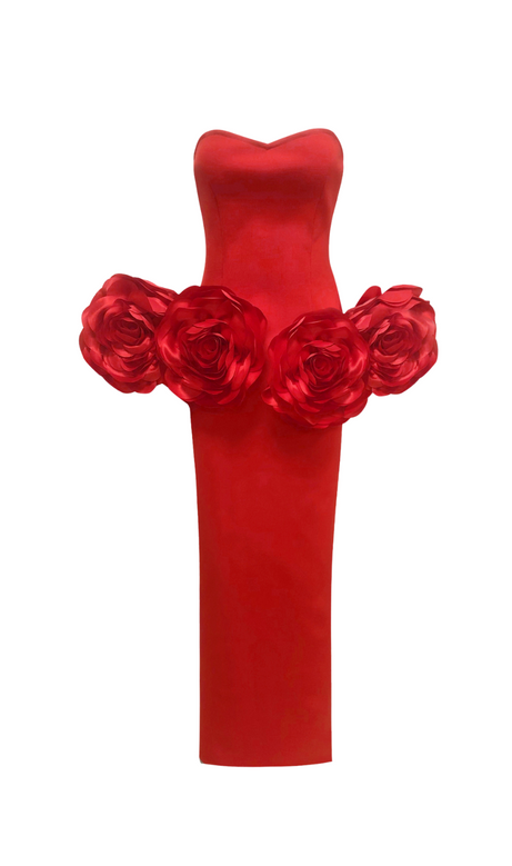 red strapless maxi dress with flower embellishments