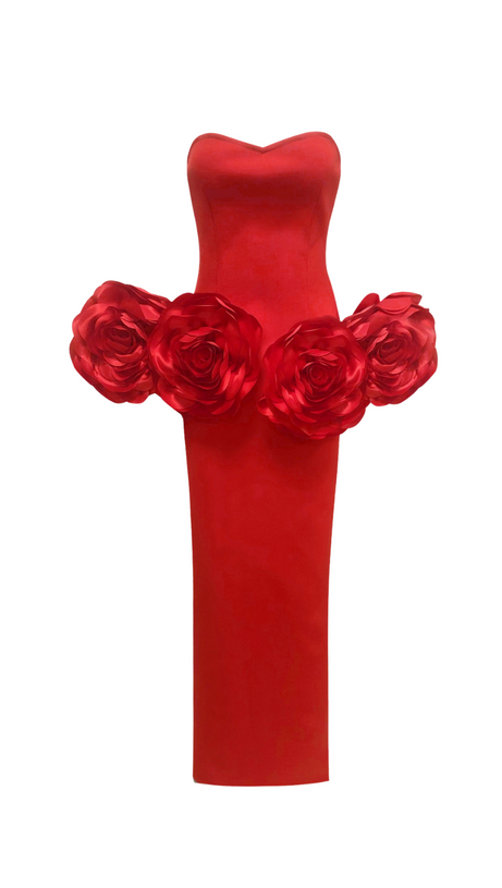 RED STRAPLESS MAXI DRESS WITH FLOWER EMBELLISHMENTS