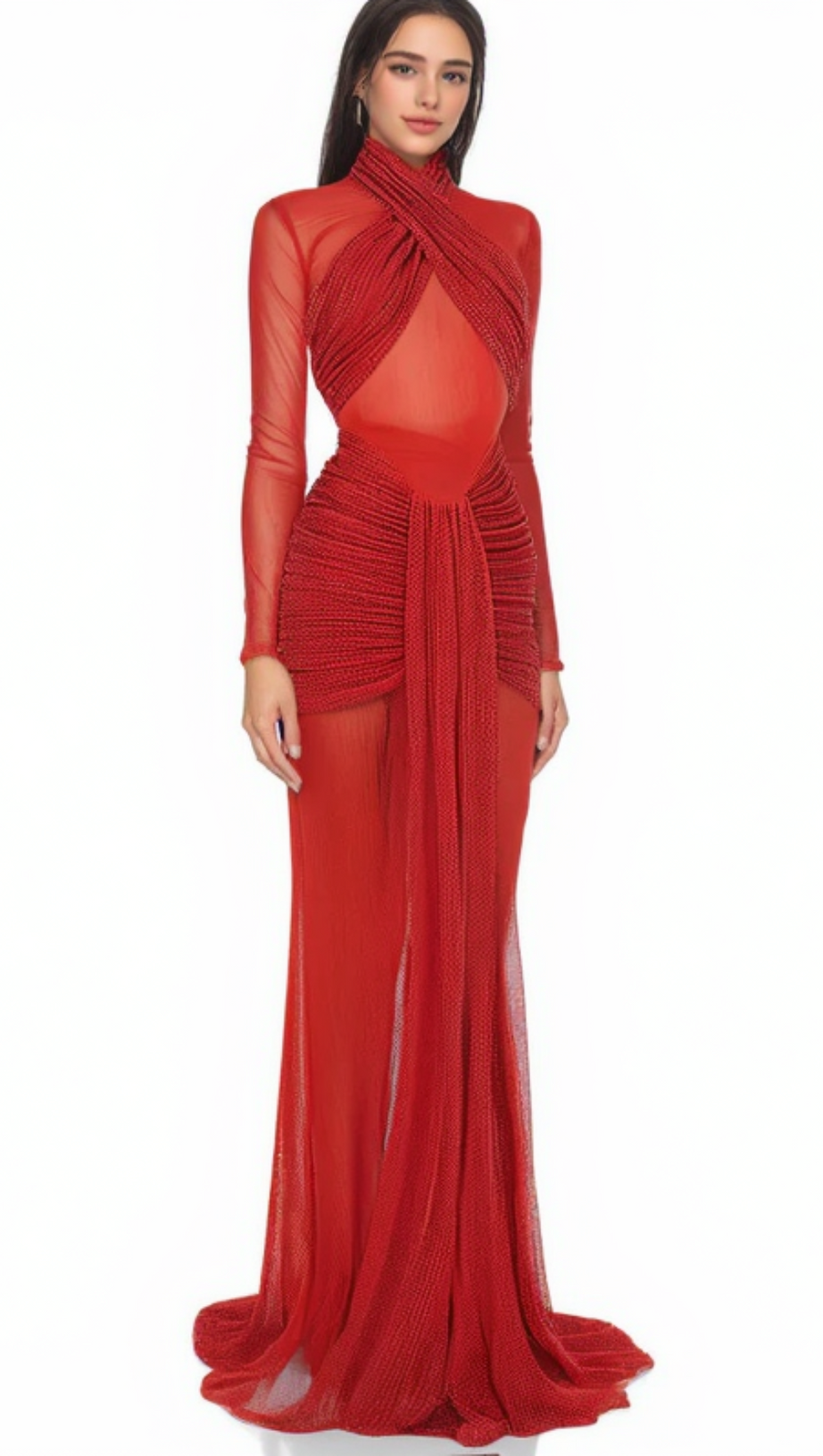 SLINKY MESH LONG SLEEVE MAXI DRESS IN RUBY