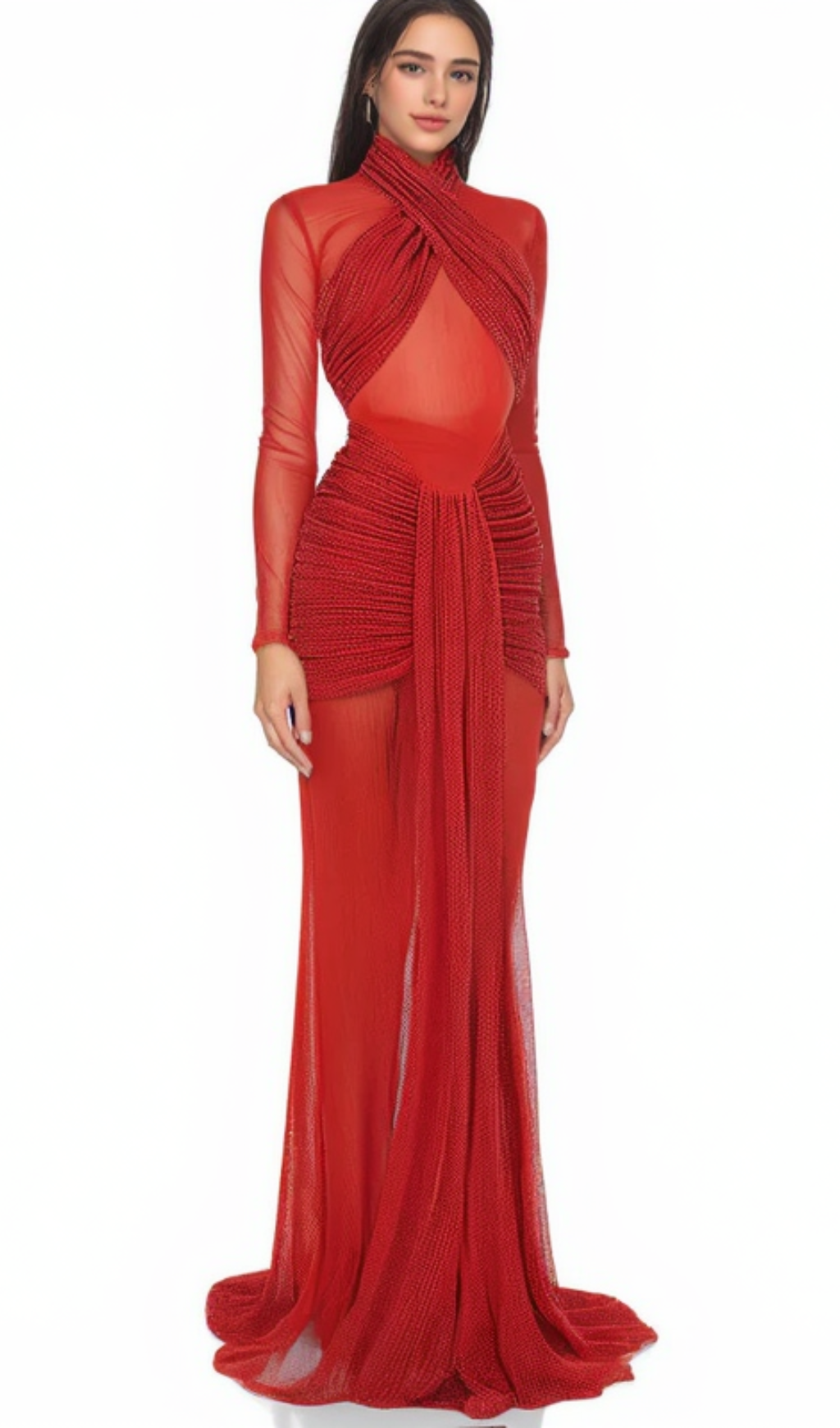 SLINKY MESH LONG SLEEVE MAXI DRESS IN RUBY