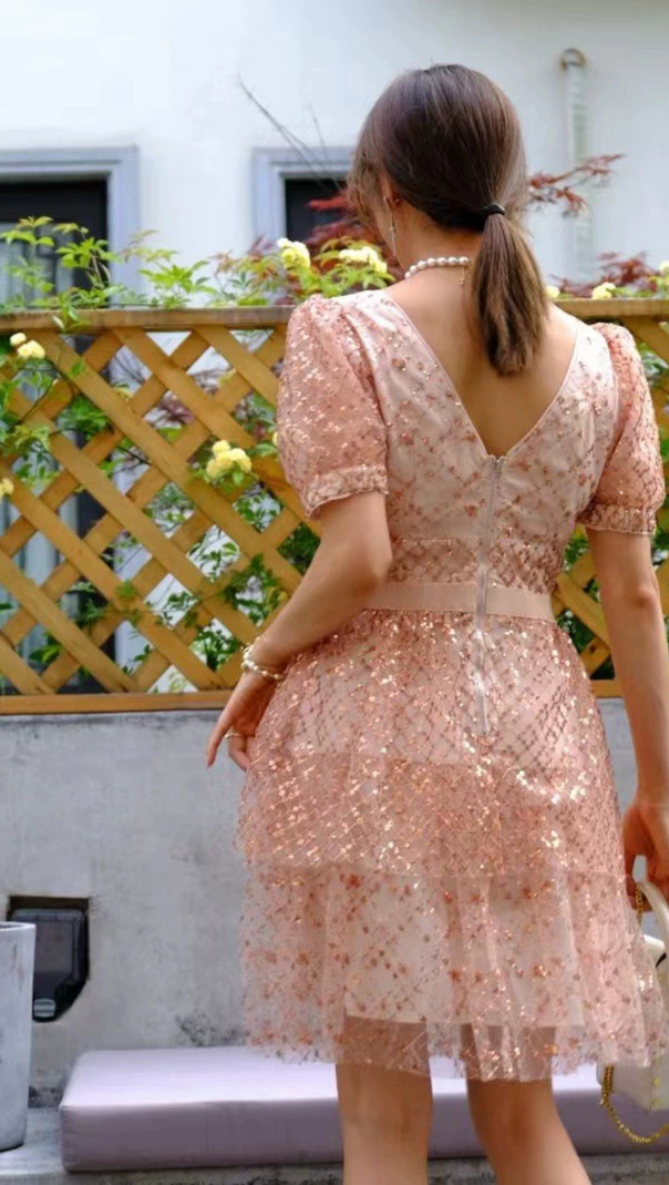 AIIZIE V NECK SEQUIN TIERED MINI DRESS - product image